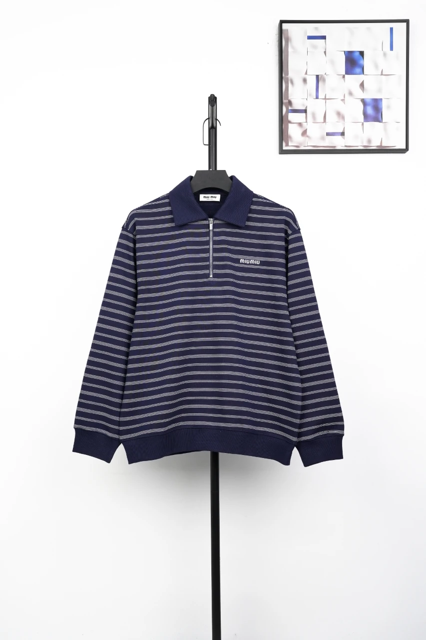 Miu Miu Navy Stripe Embroidered Half Zip Long Sleeve Polo Shirt product photo from LabelPicks