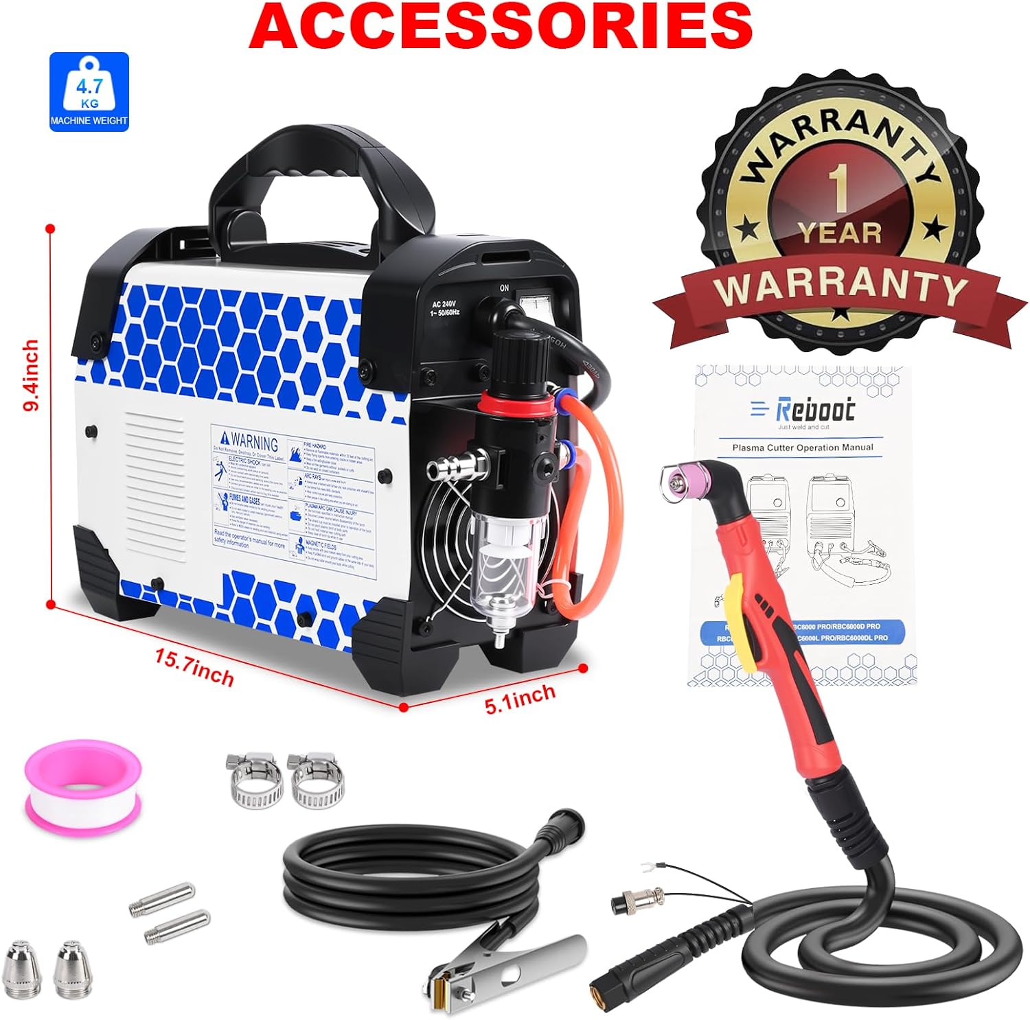 Reboot 45Amp IGBT Plasma Cutter with Torch, Non-Contact Pilot Arc Portable Cutting Machine Cuts Steel Stainless Copper Aluminium (8-10mm) for Farm Auto Repair DIY