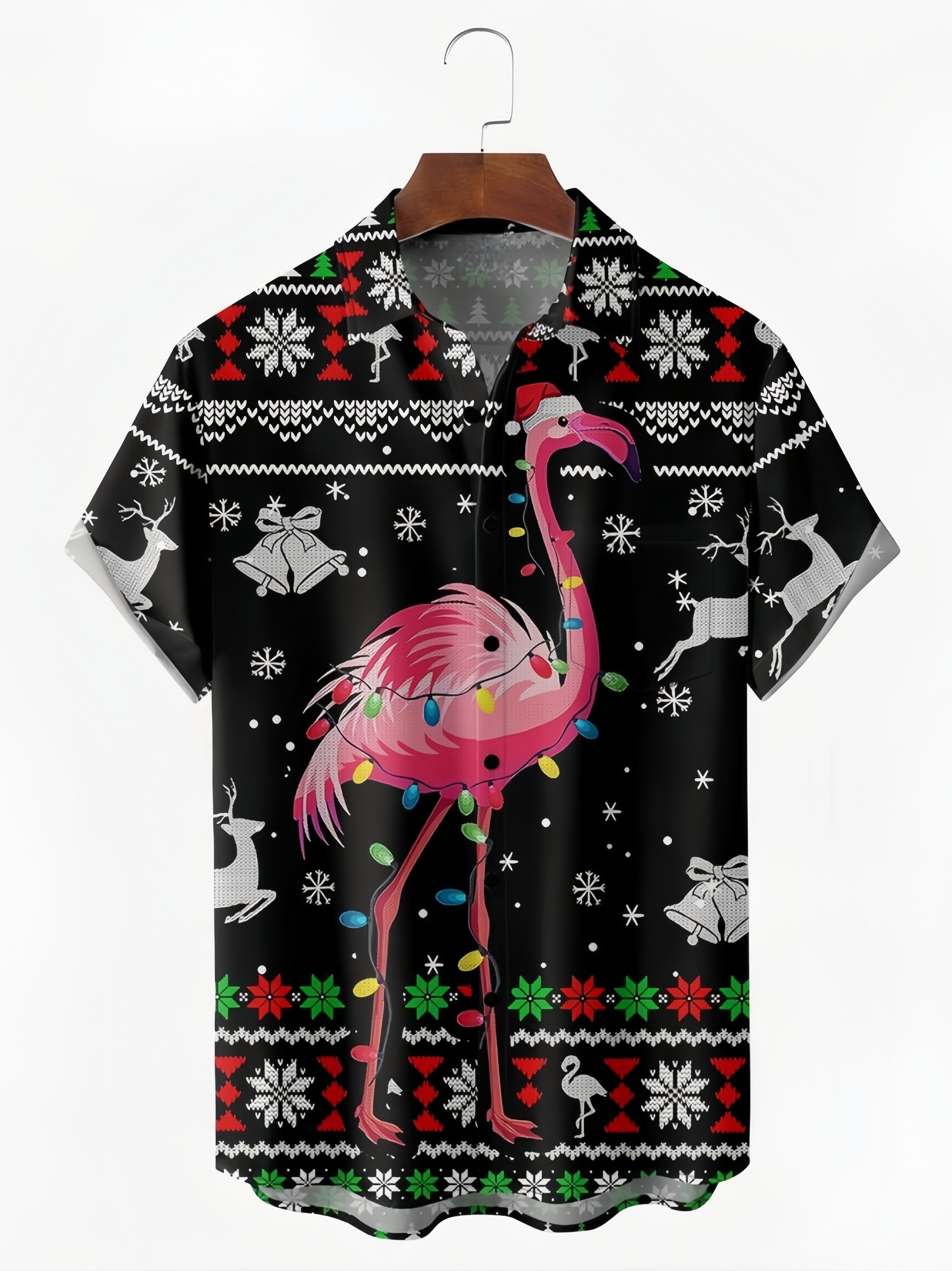 Ugly Christmas Flamingo Chest Pocket Short Sleeve Hawaiian Shirt
