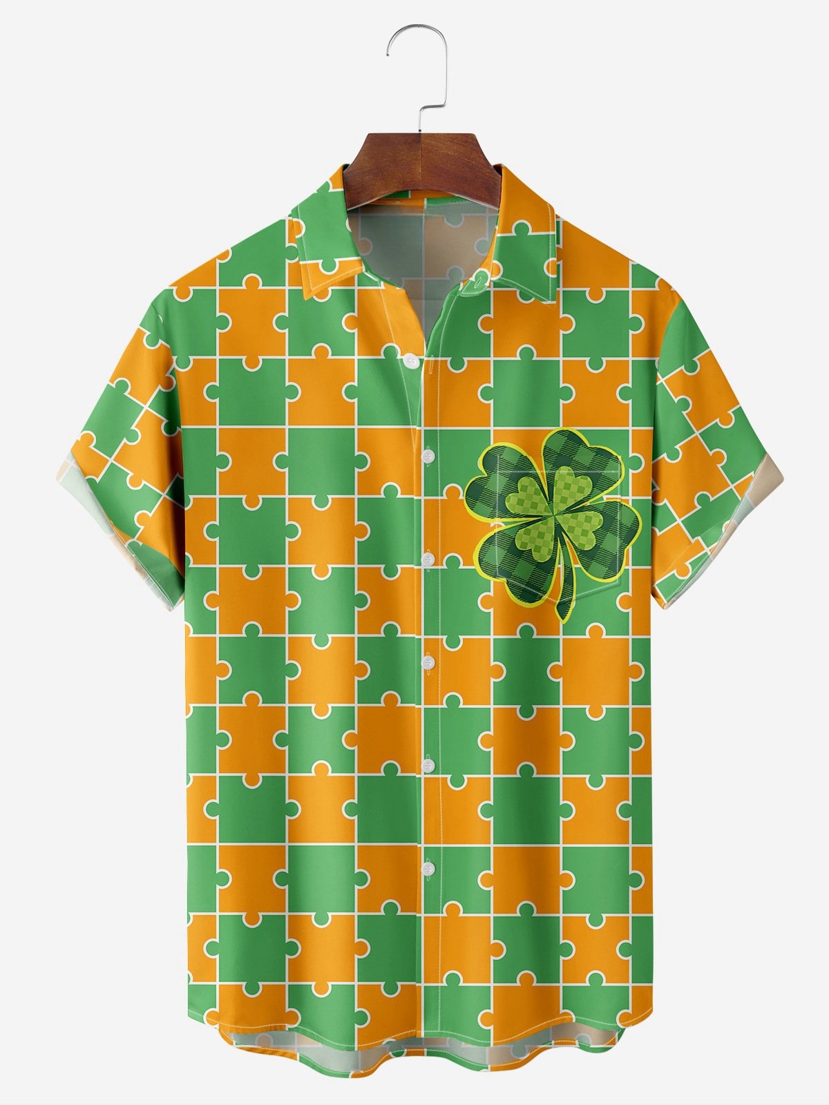 St. Patrick's Day Clover Chest Pocket Short Sleeve Casual Shirt
