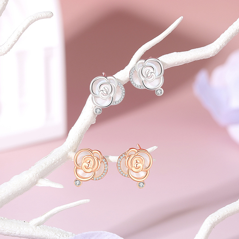 Original Rose Story Earrings, Women's Sterling Silver Floral Earrings with Mother-of-Pearl, Summer French Chic Style Jewelry