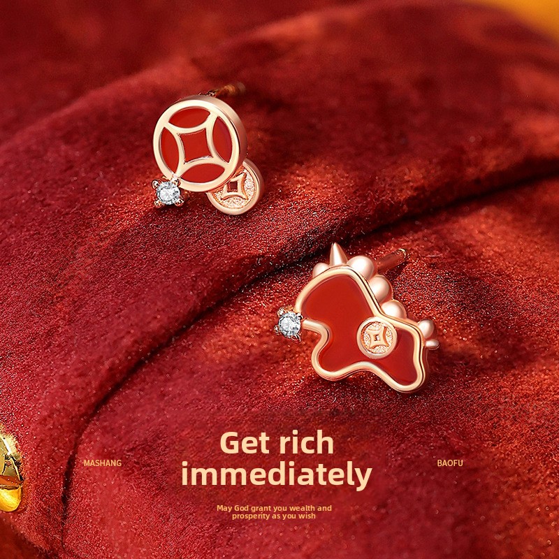 Original design, guaranteed to bring wealth in the Year of the Horse: 925 sterling silver earrings for women, featuring a new Chinese-style unicorn and coin design, perfect for the Year of the Horse