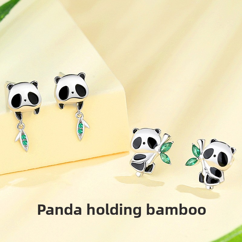 Original 925 sterling silver bamboo panda earrings, featuring a forest-themed design with bamboo segments, versatile and small, perfect for students, and a cute accessory