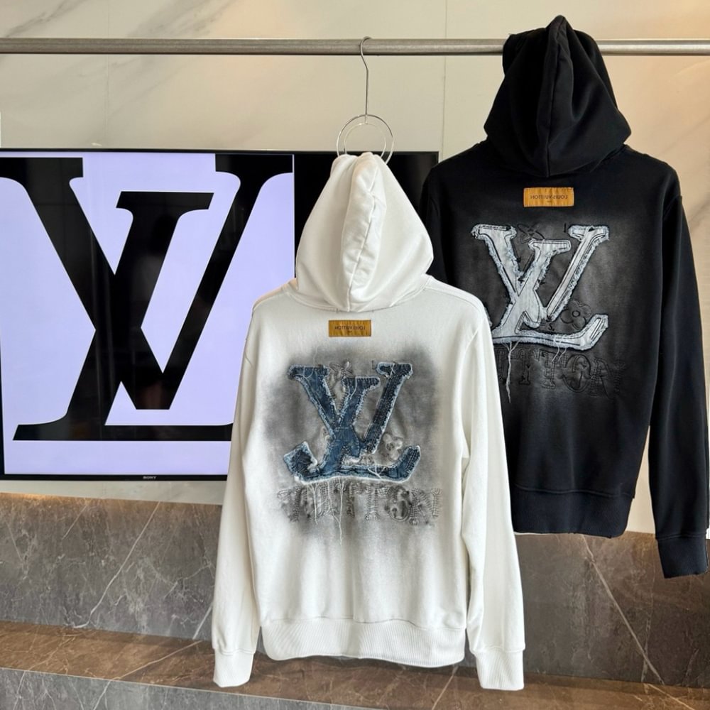 Denim Patch Embroidery Print Long Sleeve Hoodies