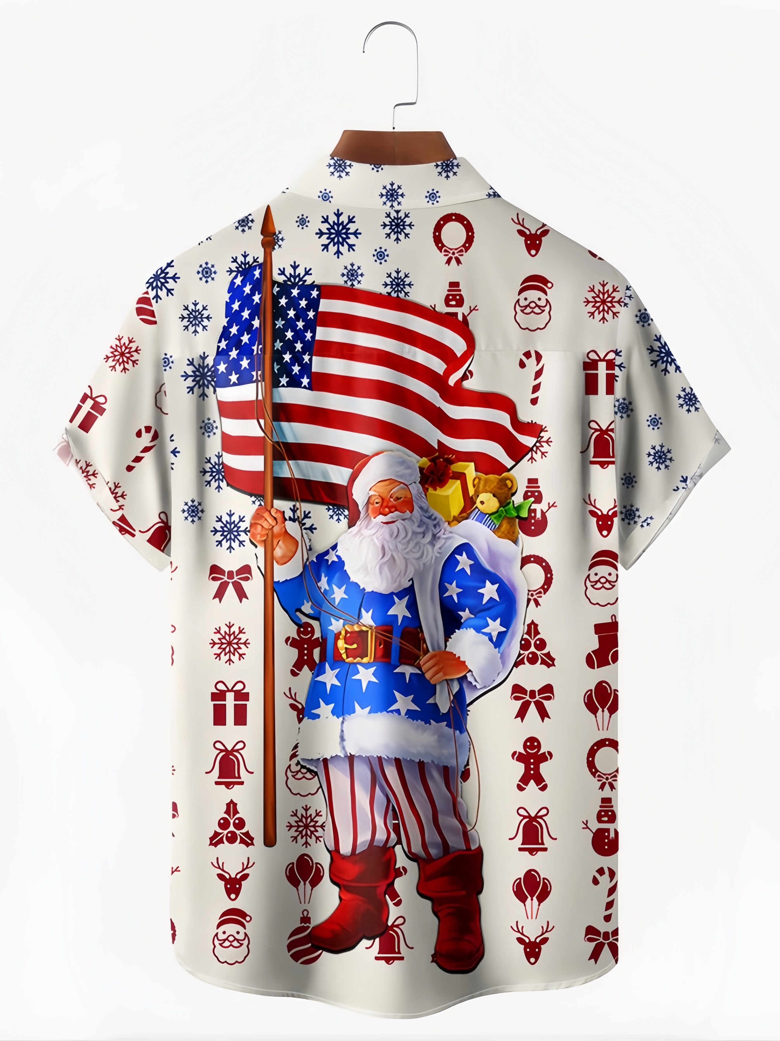 Christmas American Flag Santa Chest Pocket Short Sleeve Hawaiian Shirt