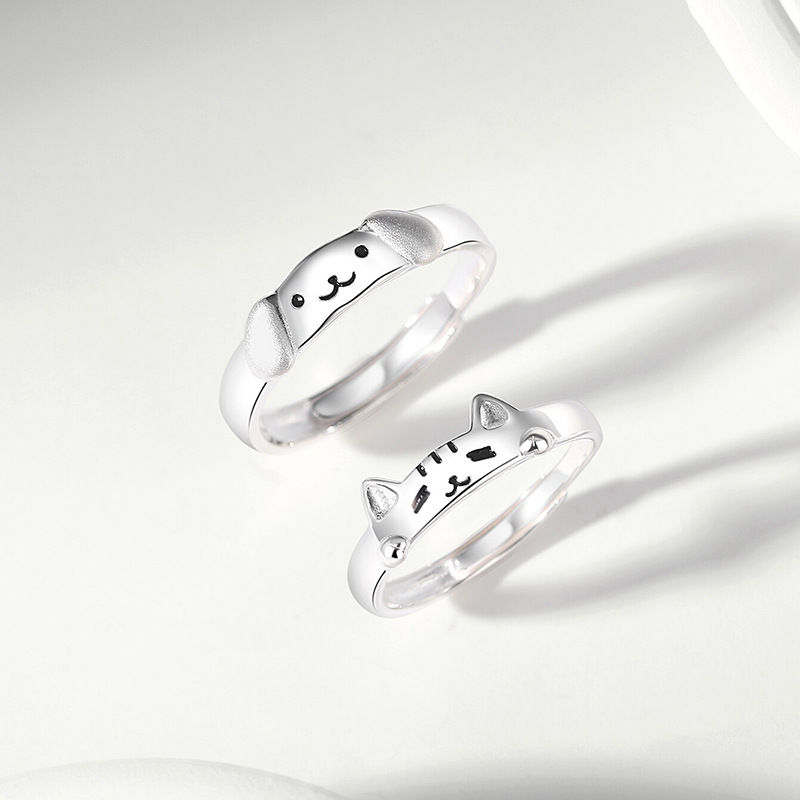 Original design couple rings featuring kittens and puppies, made of sterling silver, with a unique and minimalist cartoon style, adjustable opening, perfect as a Valentine's Day gift