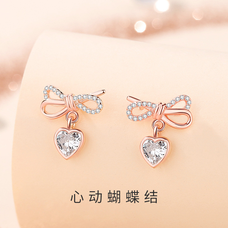 Heart-shaped bow earrings for women, pure silver, Korean style, trendy, fresh, sweet, versatile, zirconia earrings with a high-end feel