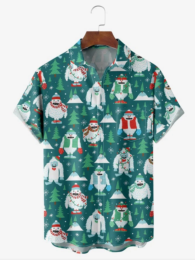 Christmas Snow Monster Chest Pocket Short Sleeve Hawaiian Shirt