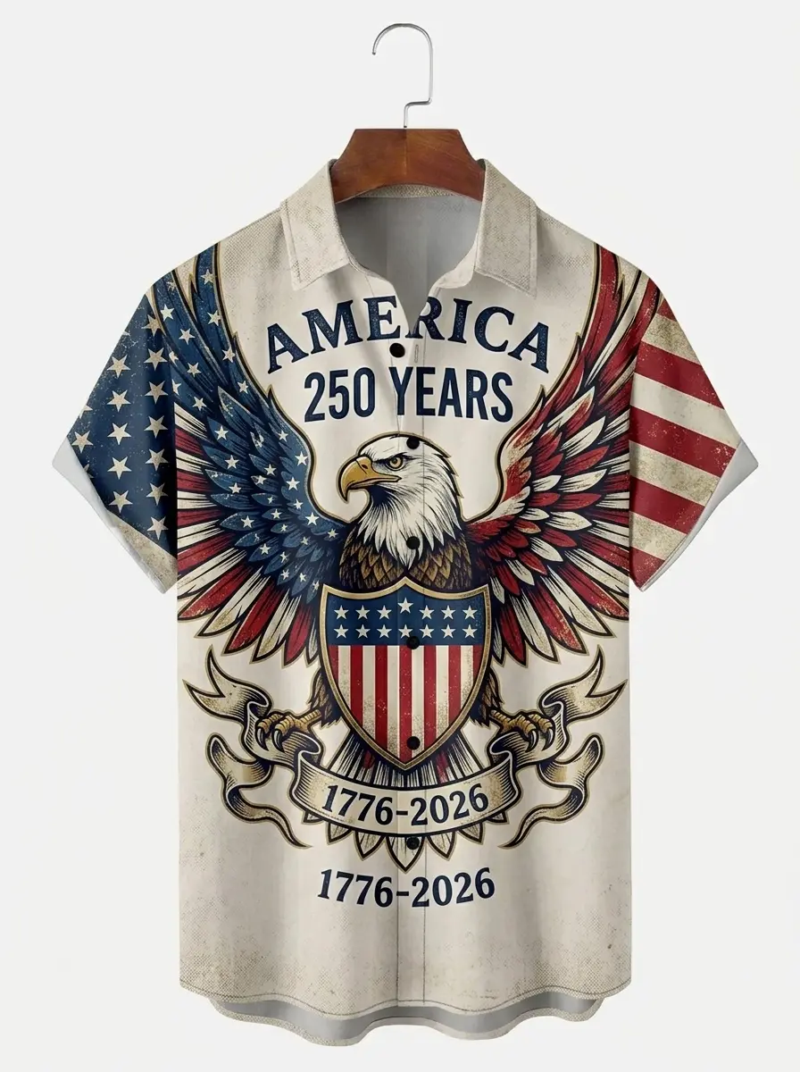 Men's printed shirts, Distressed America 250 Years Bald Eagle Patriotic Aloha Shirt
