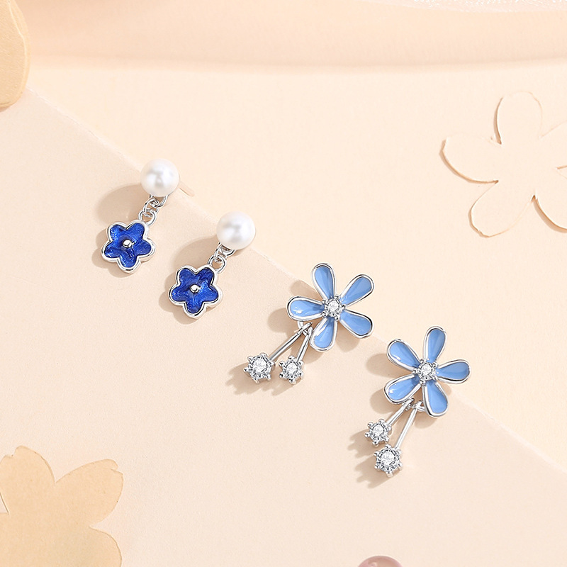 Forest-style floral stud earrings for women, made of pure silver, fresh and versatile for summer, niche ins-style Korean earrings