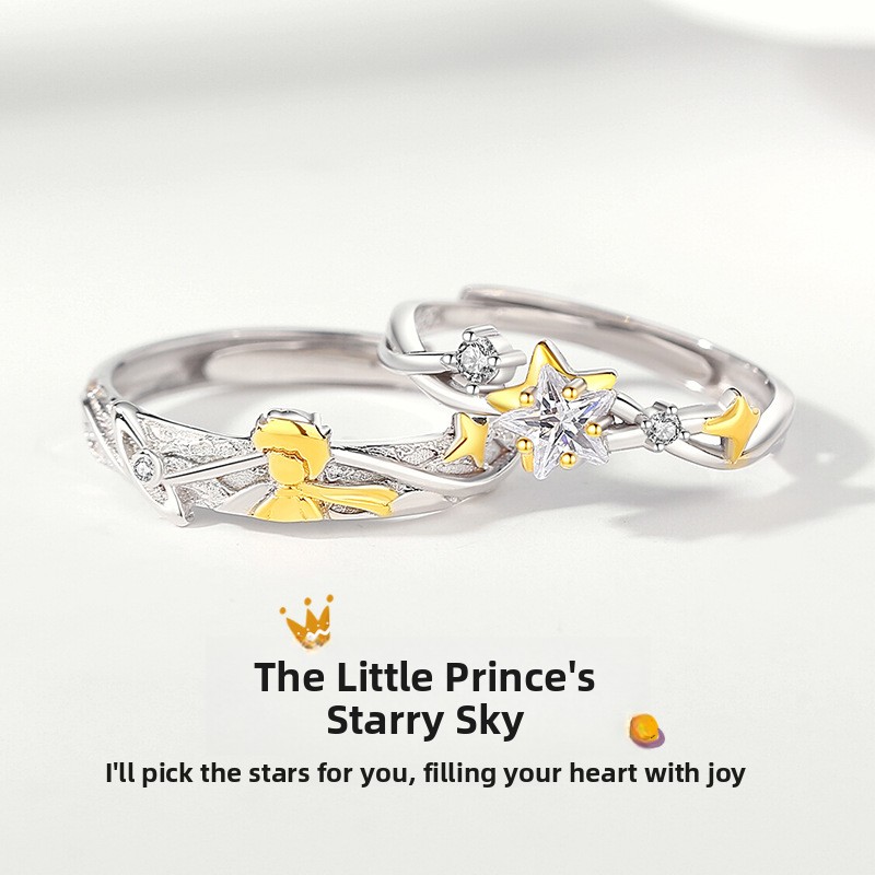 Original Starry Sky Little Prince Couple Rings, 925 Sterling Silver, 18k Gold, Unique Design, Star-Shaped Rings, Adjustable Open Rings, 18k Gold Plated