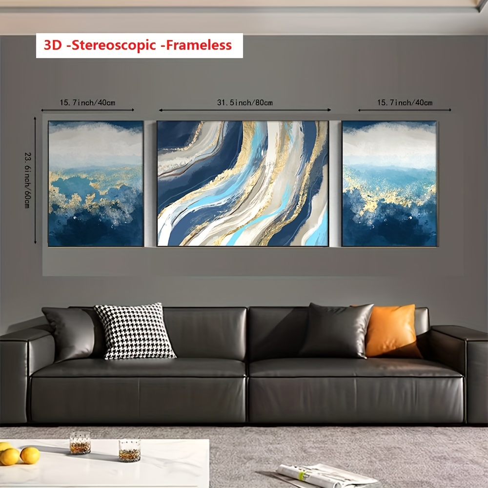 3D Dimensional Frameless 3pcs Pure Hand-Painted, High-Quality Minimalist Wall Decoration Oil Painting (Abstract Golden Foil Blue Ocean Texture Line Landscape Thick Knife Art Three-Dimensional Visual Effect) Modern Wealth-Attracting Fashionable for L