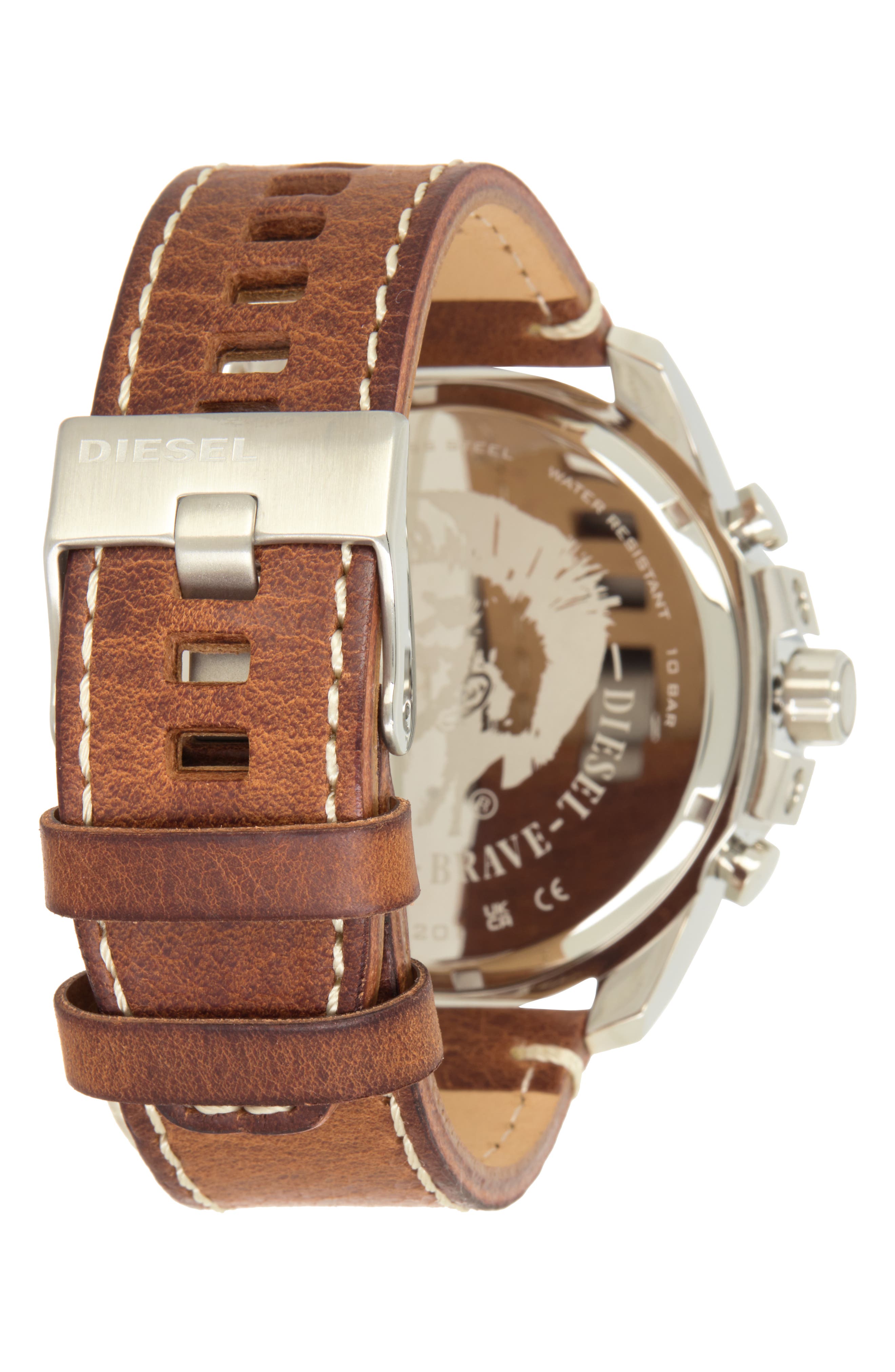DIESEL® Mega Chief Leather Strap Watch, 51mm