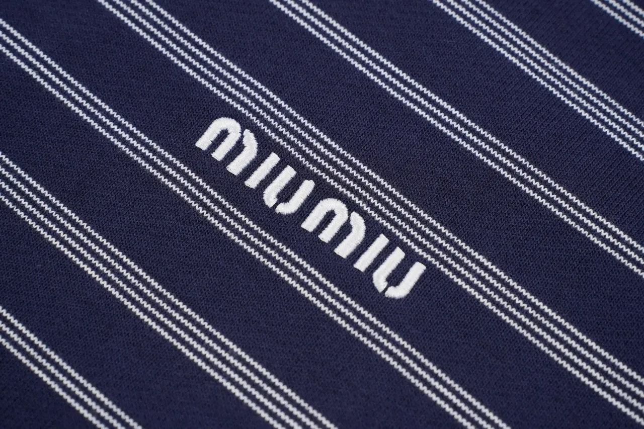 Miu Miu Navy Stripe Embroidered Half Zip Long Sleeve Polo Shirt product photo from LabelPicks