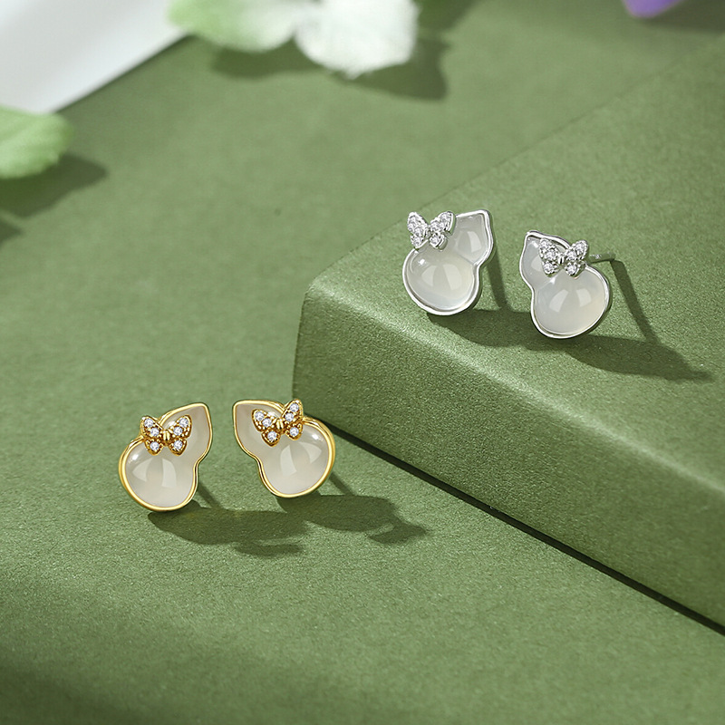 Original Gourd White Chalcedony Earrings for Women, Pure Silver, Artistic Style, New Chinese Style, Auspicious Gourd Earrings, Forest Style Butterfly Earrings, Gift