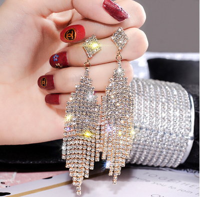 Full diamond Tassel Earrings for Women European and American exaggeration personality long shiny net red Earrings