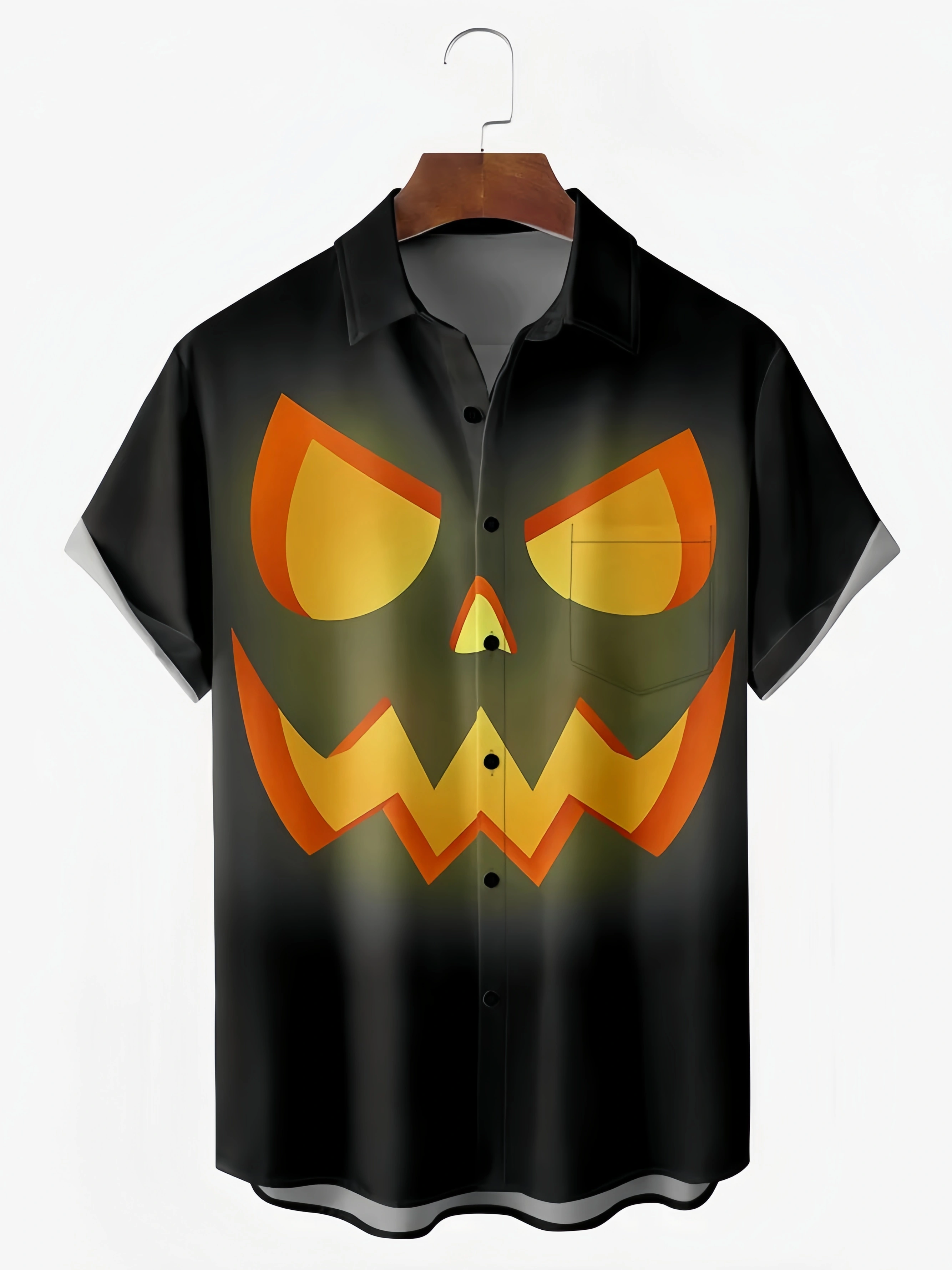Halloween Pumpkin Face Chest Pocket Short Sleeve Casual Shirt