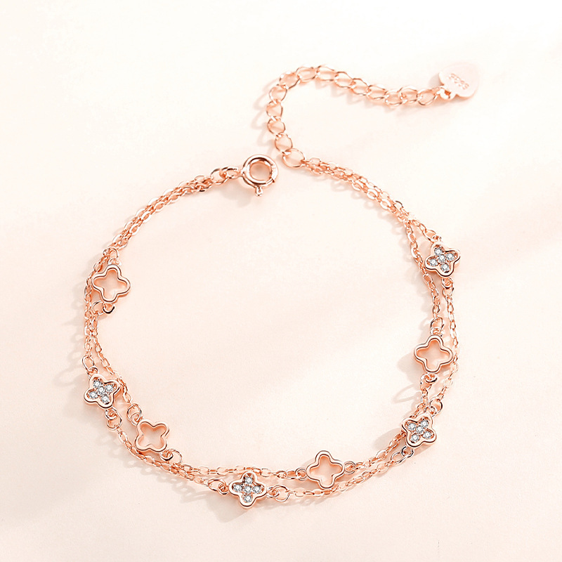 Four-leaf clover bracelet for women, sterling silver, forest-themed, double-layer design, minimalist and elegant, Instagram-style jewelry, Valentine's Day gift