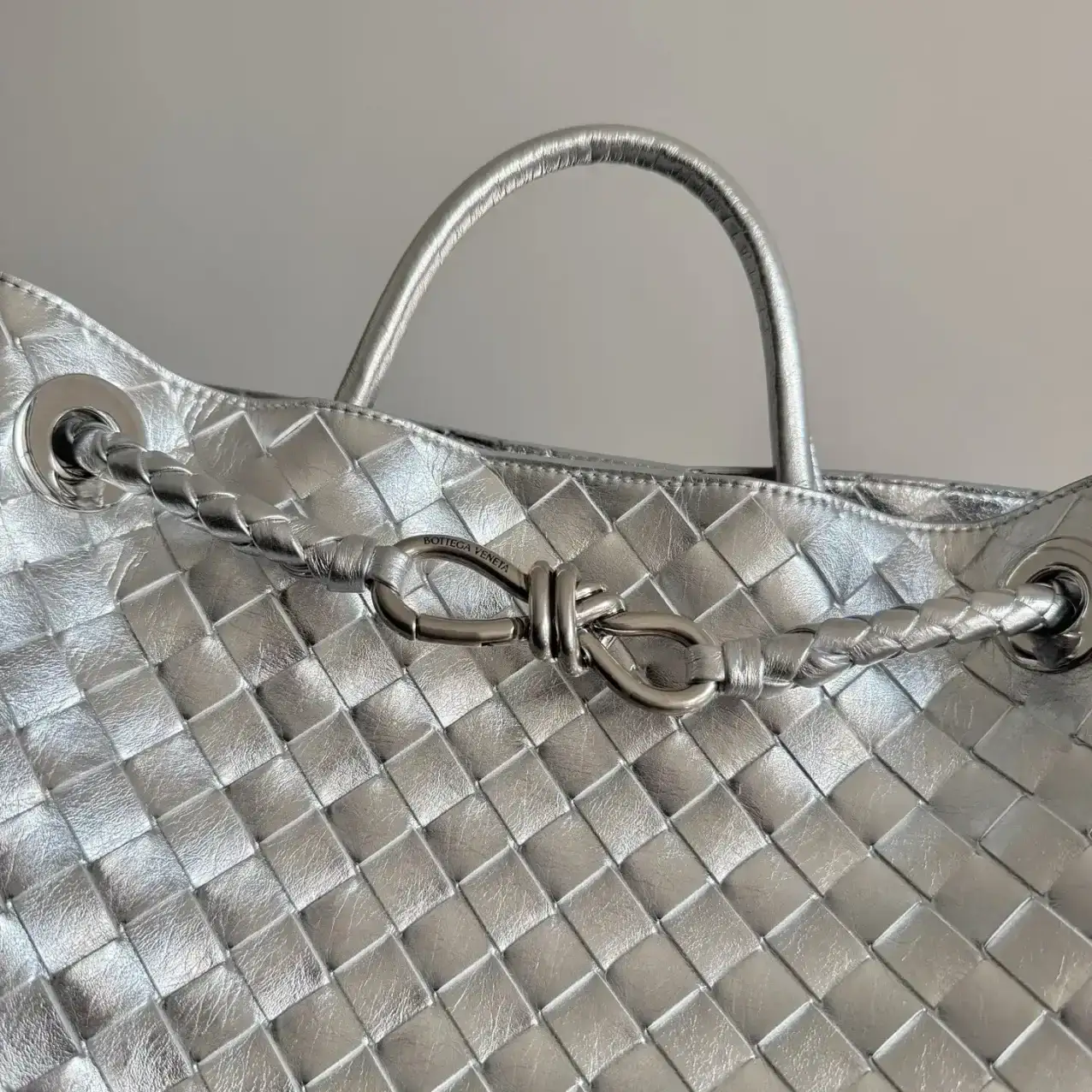 Bottega Veneta Silver Andiamo Intrecciato Woven Leather Top Handle Bag product photo from LabelPicks
