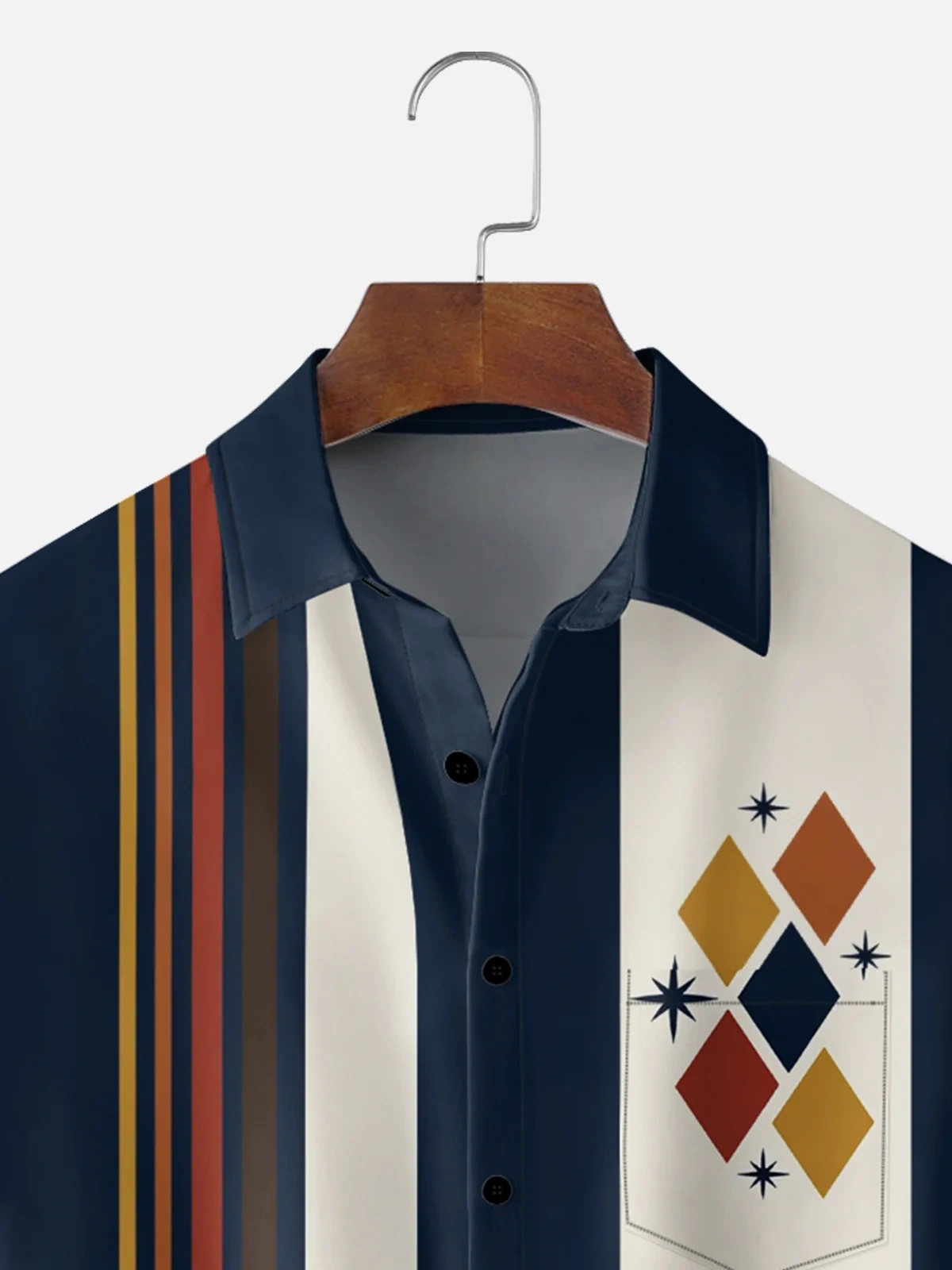 Moisture-Wicking Abstract Geometric Color Block Holiday Chest Pocket Bowling Shirt