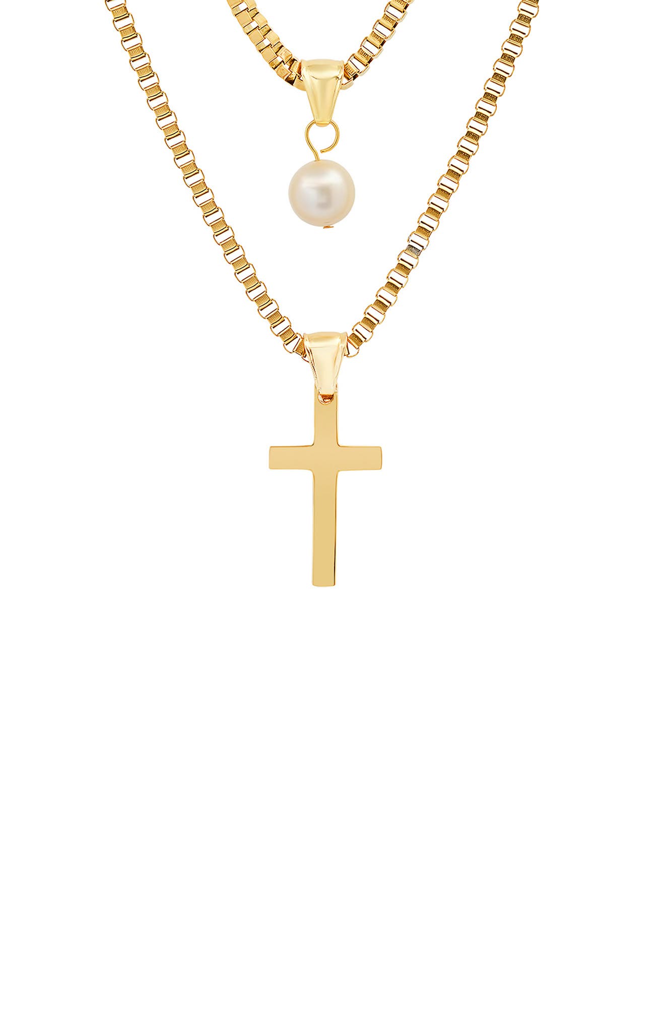 HMY JEWELRY 18K Gold Plated Stainless Steel Imitation Pearl & Cross Pendant Layered Necklace