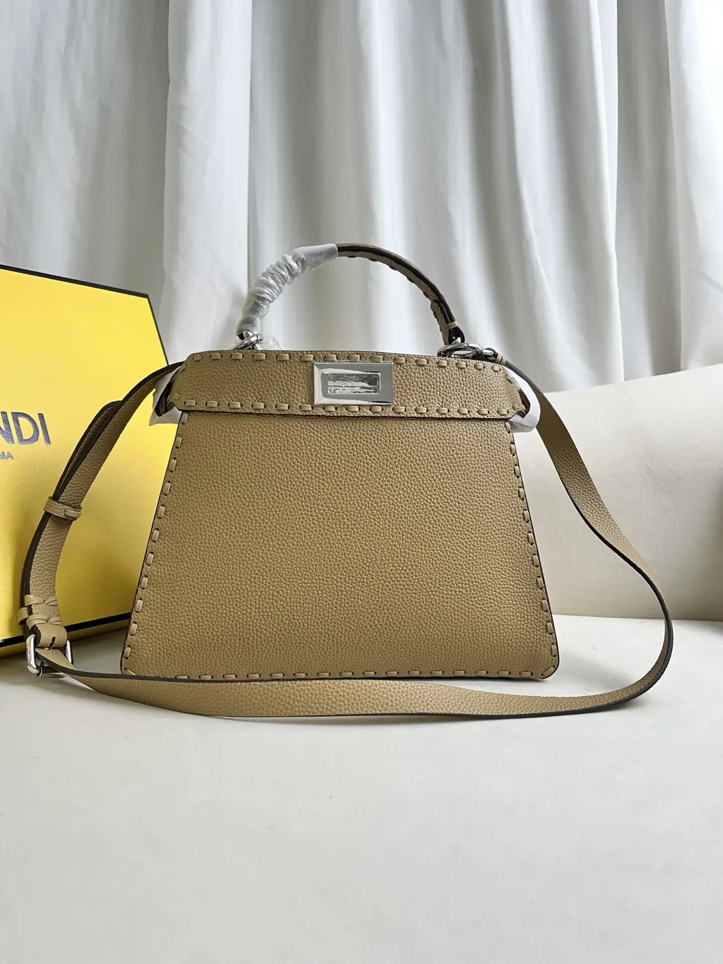 Fendi Peekaboo Beige Grained Leather Shoulder Bag product photo from LabelPicks
