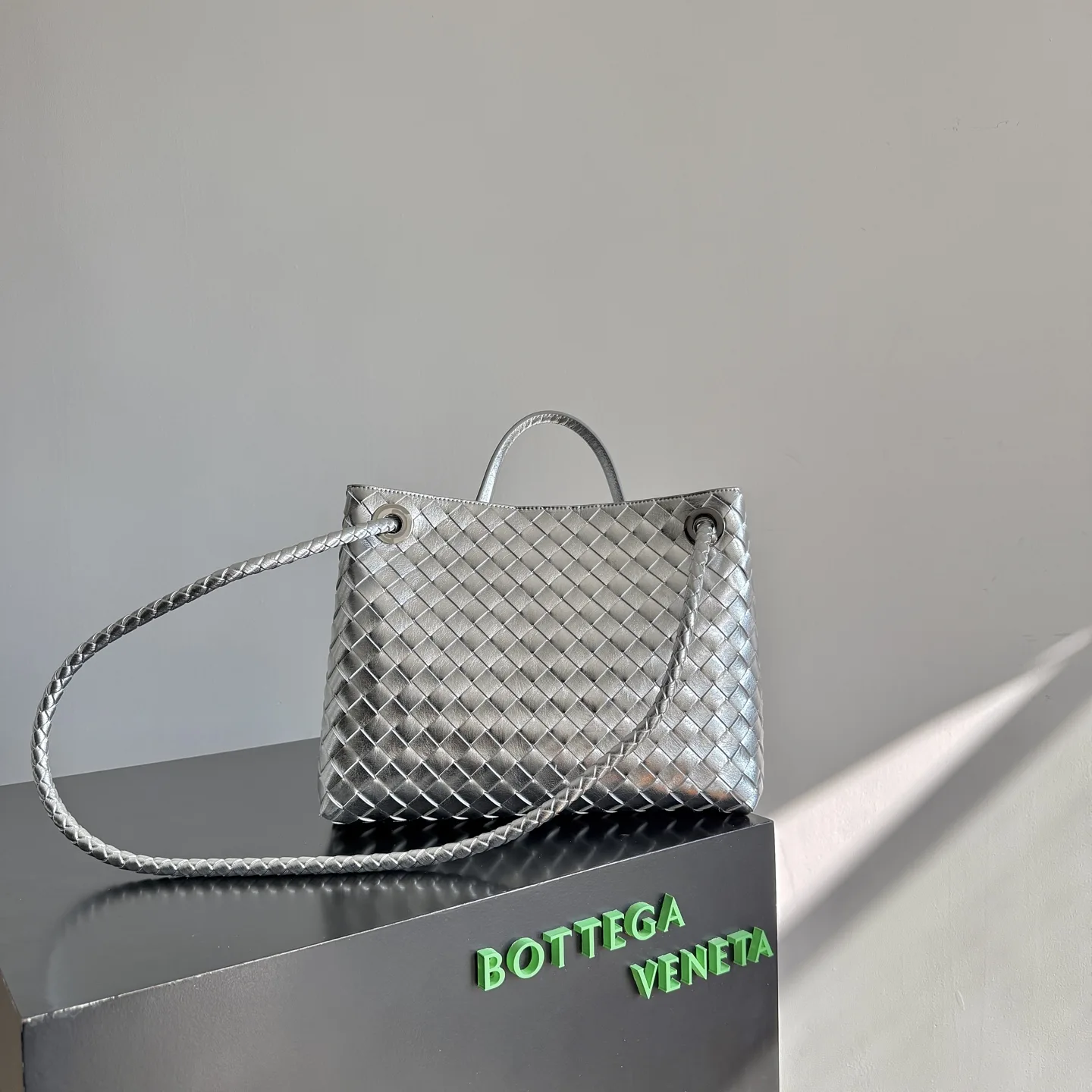 Bottega Veneta Silver Andiamo Intrecciato Woven Leather Top Handle Bag product photo from LabelPicks