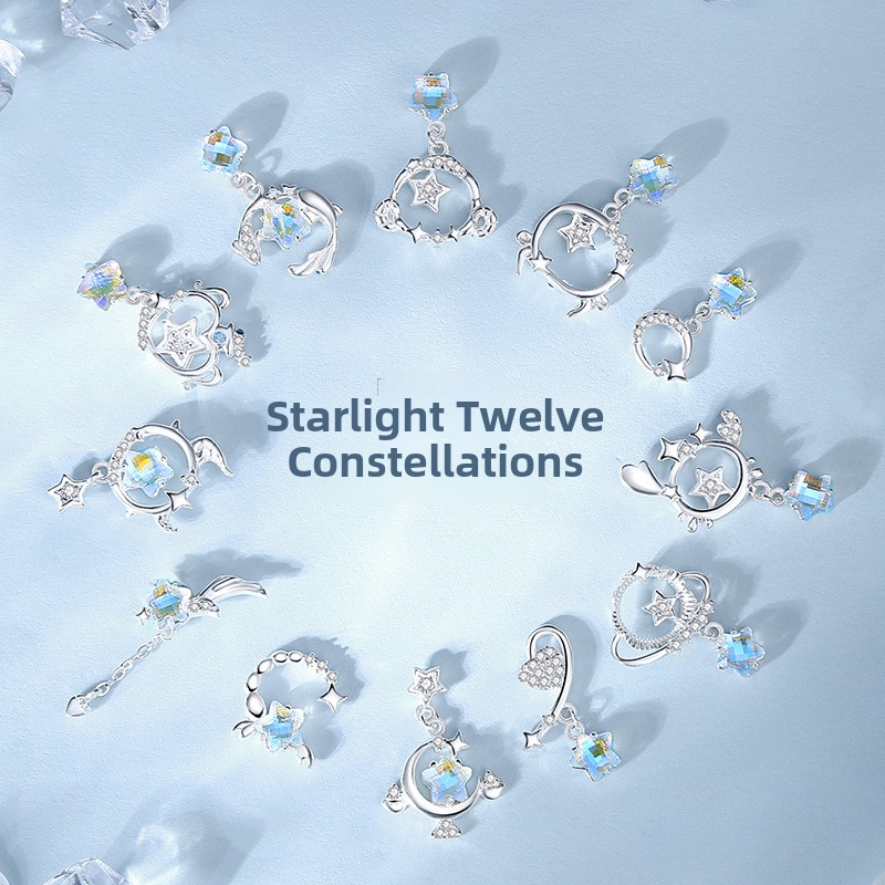 Original Starlight Zodiac Earrings for Women, 925 Sterling Silver, Korean Style, Summer Fresh Moonstone Star Earrings, Ins Style