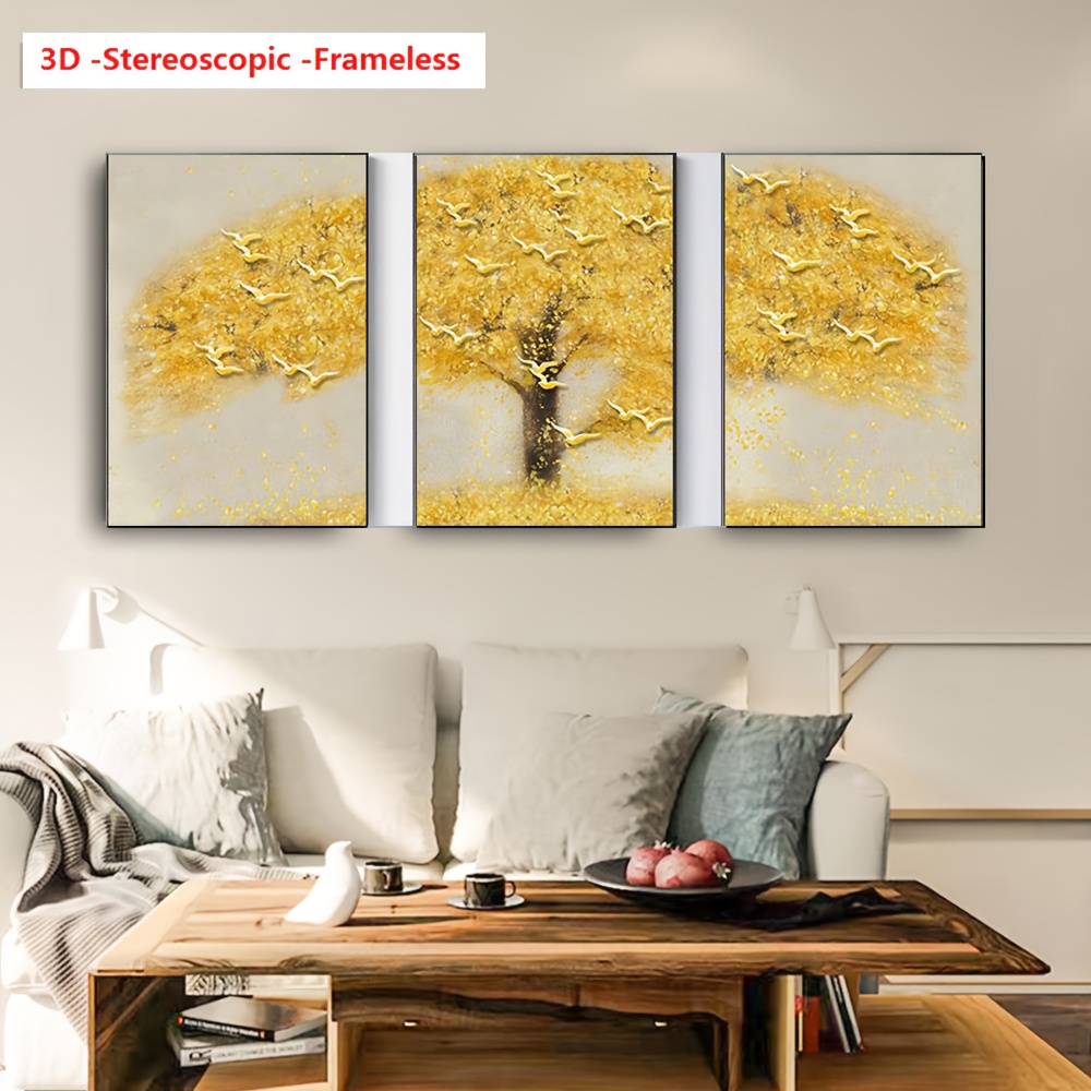 3D Frameless Hand-Painted Oil Paintings, High-Quality Set of 3 Minimalist Wall Decor Artworks (Abstract Golden Foil Wealth Tree with Golden Birds and Textured Thick Knife Work for a Three-Dimensional Visual EffectModern and Stylish