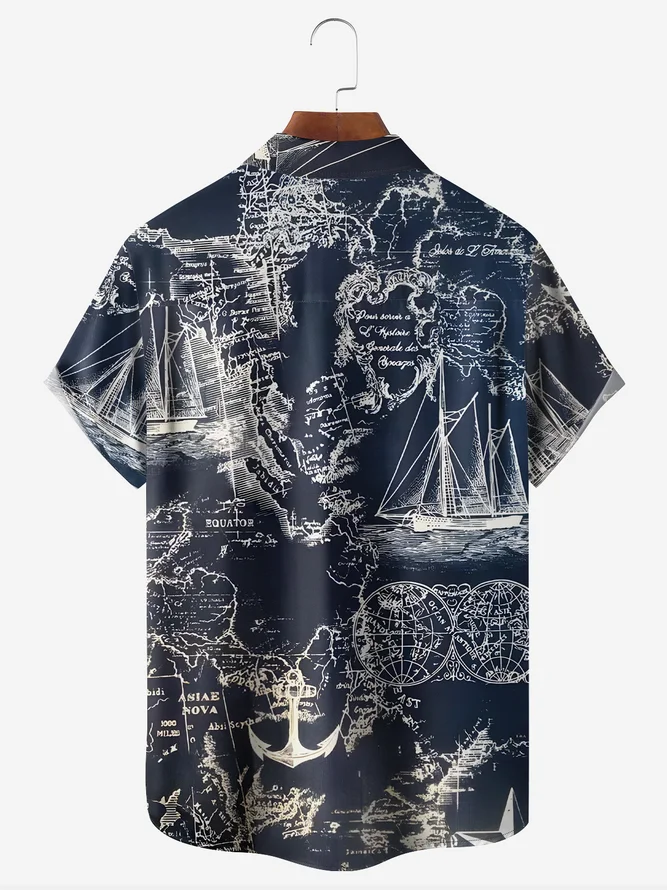 Nautical Map Chest Pocket Short Sleeve Hawaii Shirt