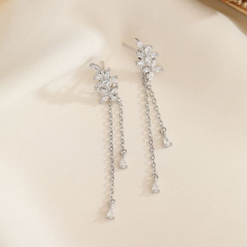 Floral Tassel Earrings for Women, Pure Silver, Summer Forest Style, Flower Zircon Ear Thread, Fresh and Fresh Ins Style Earrings