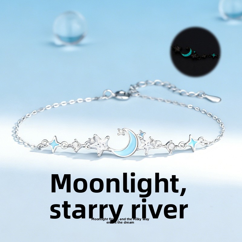 Original Moonlight Galaxy Luminous Bracelet for Women, Pure Silver, Forest-Themed, Unique Design, Enamel Bracelet, Star Jewelry, Gift for Girlfriend