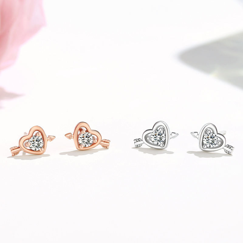 Cupid's Arrow Heart-Shaped Earrings for Women, 925 Sterling Silver, Korean Style, Micro-Inlaid Zirconia, Small and Cute Ear Jewelry