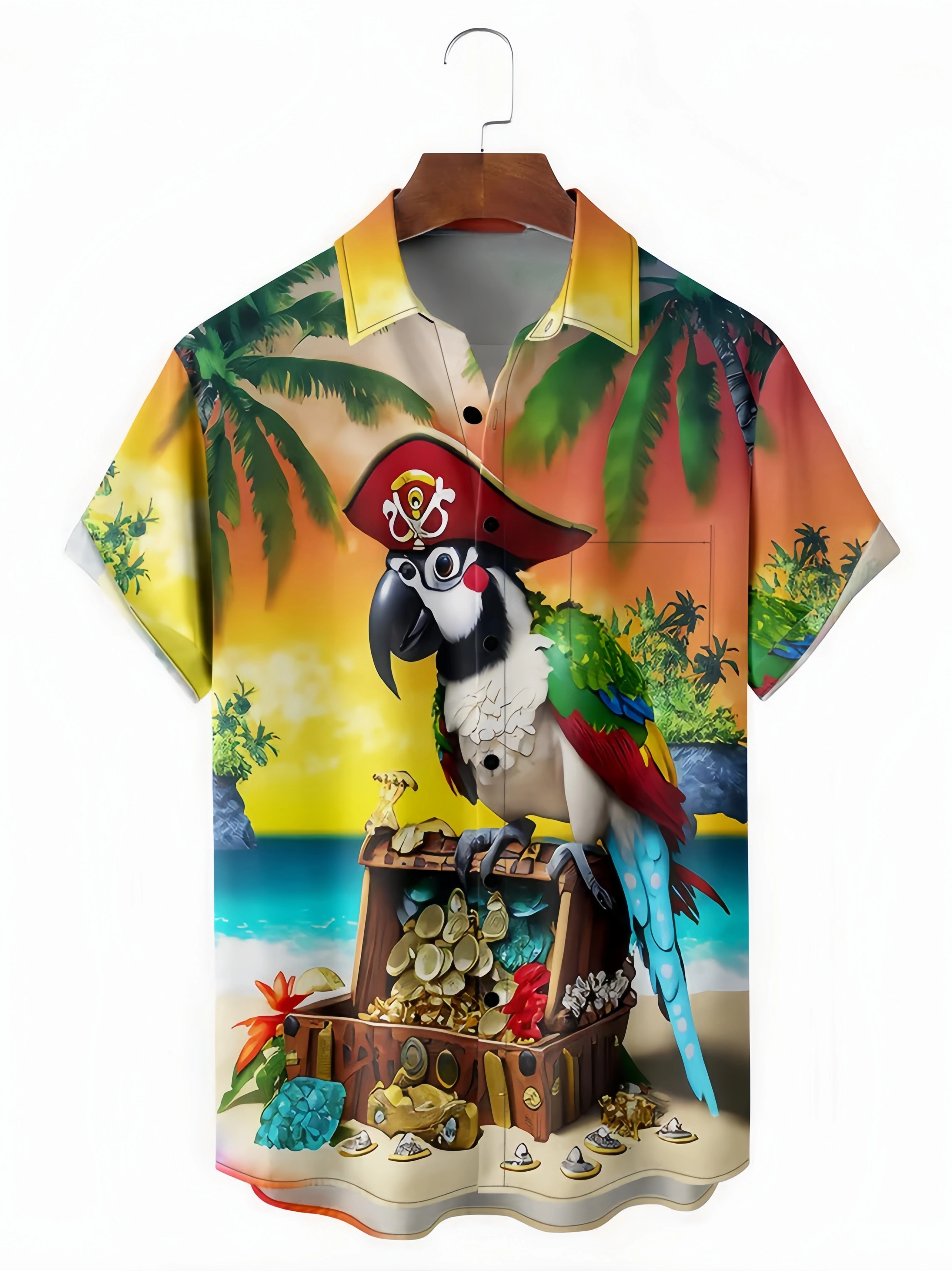 Pirate Parrot Chest Pocket Short Sleeve Hawaiian Shirt