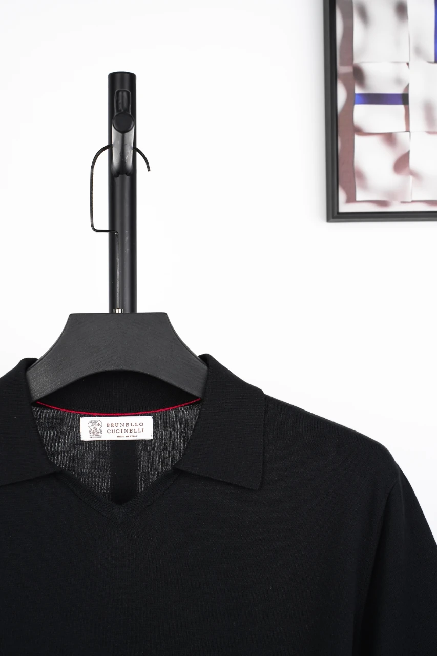 Brunello Cucinelli Black Sea-Gull Collar Cotton Knit Polo Shirt product photo from LabelPicks