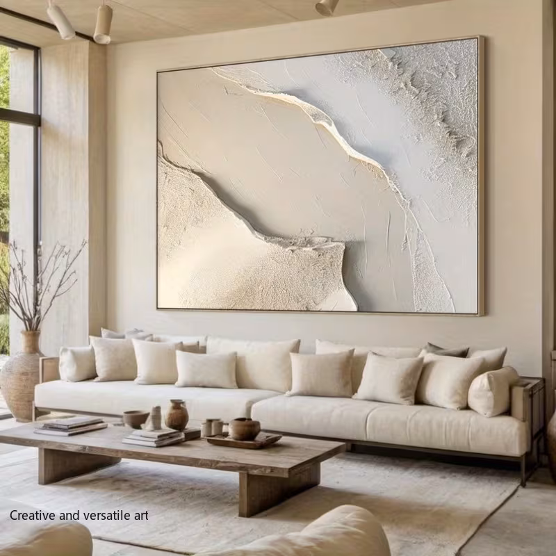 Large Hand-Painted Beige Textured Abstract Oil Painting - Modern Minimalist Neutral Wall Art with Large White Canvas Frame, Soft Beige Tones for Contemporary, Bedroom, Office Decor - Framed Artwork