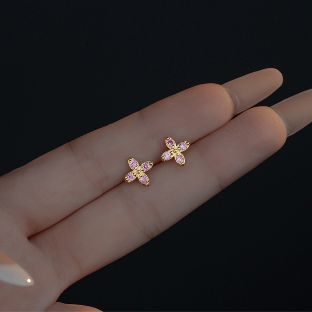 s925 silver needle small pink flower earrings for women, forest style, zircon, light luxury, four-leaf clover, elegant, unique, versatile earrings