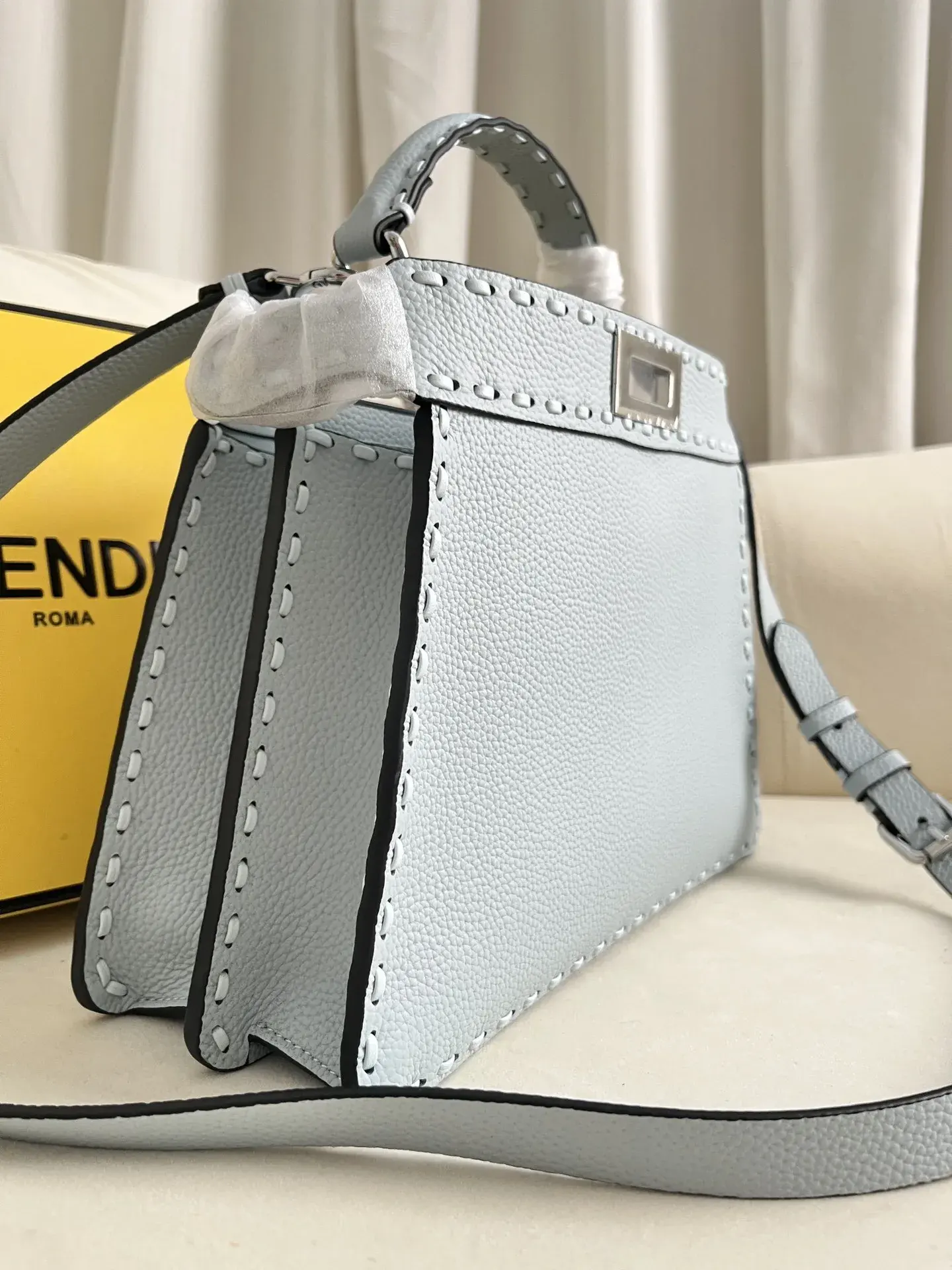 Fendi Peekaboo Blue Grained Leather Top Handle Bag product photo from LabelPicks