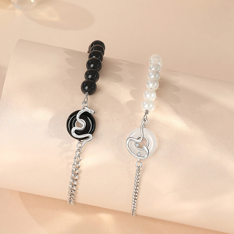 Original Snake Year Peace Charm Couple Bracelet 925 Sterling Silver Chinese Style Retro New Chinese Obsidian Pearl Bracelet