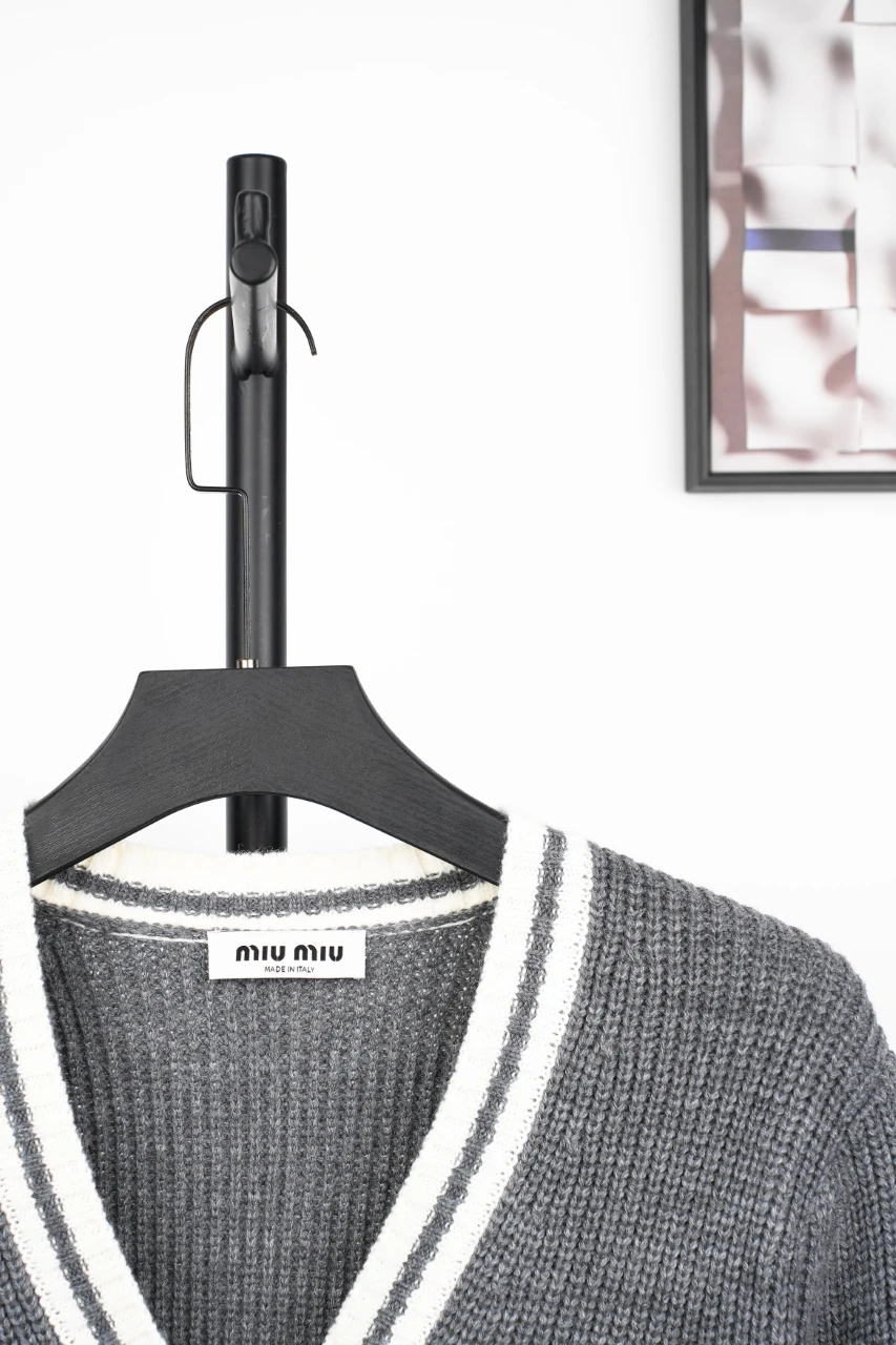 Miu Miu Grey White Trim Logo Knit Cardigan Jacket product photo from LabelPicks
