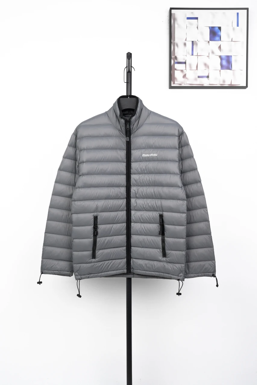 Miu Miu Matte Grey Logo Embroidered Stand Collar Down Jacket product photo from LabelPicks