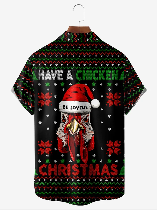Christmas Rooster Chest Pocket Short Sleeve Hawaiian Shirt