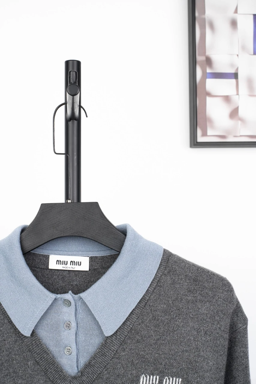 Miu Miu Grey Jacquard Logo Layered Cashmere Knit Polo Sweater product photo from LabelPicks