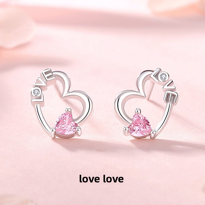 Love heart-shaped earrings for women, made of 925 sterling silver, in a summer Korean style, adorned with cubic zirconia, featuring a unique and luxurious design
