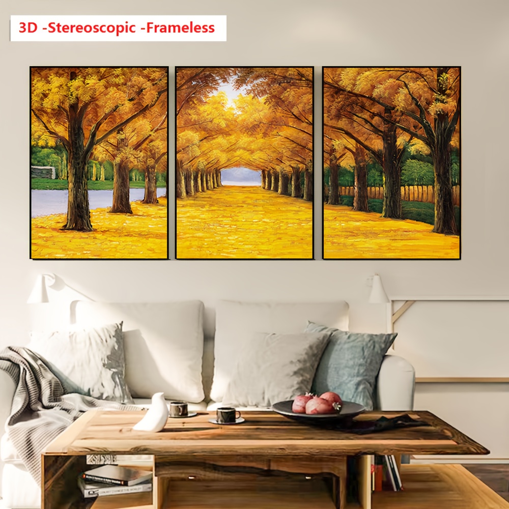3-Piece Pure Hand-Painted, High-Quality Artistic Triptych for Minimalist Wall Decoration Oil Painting (Abstract Golden Autumn Forest Landscape Art with Thick Knife Texture and Three-Dimensional Visual Effect) Modern Stylish Decor