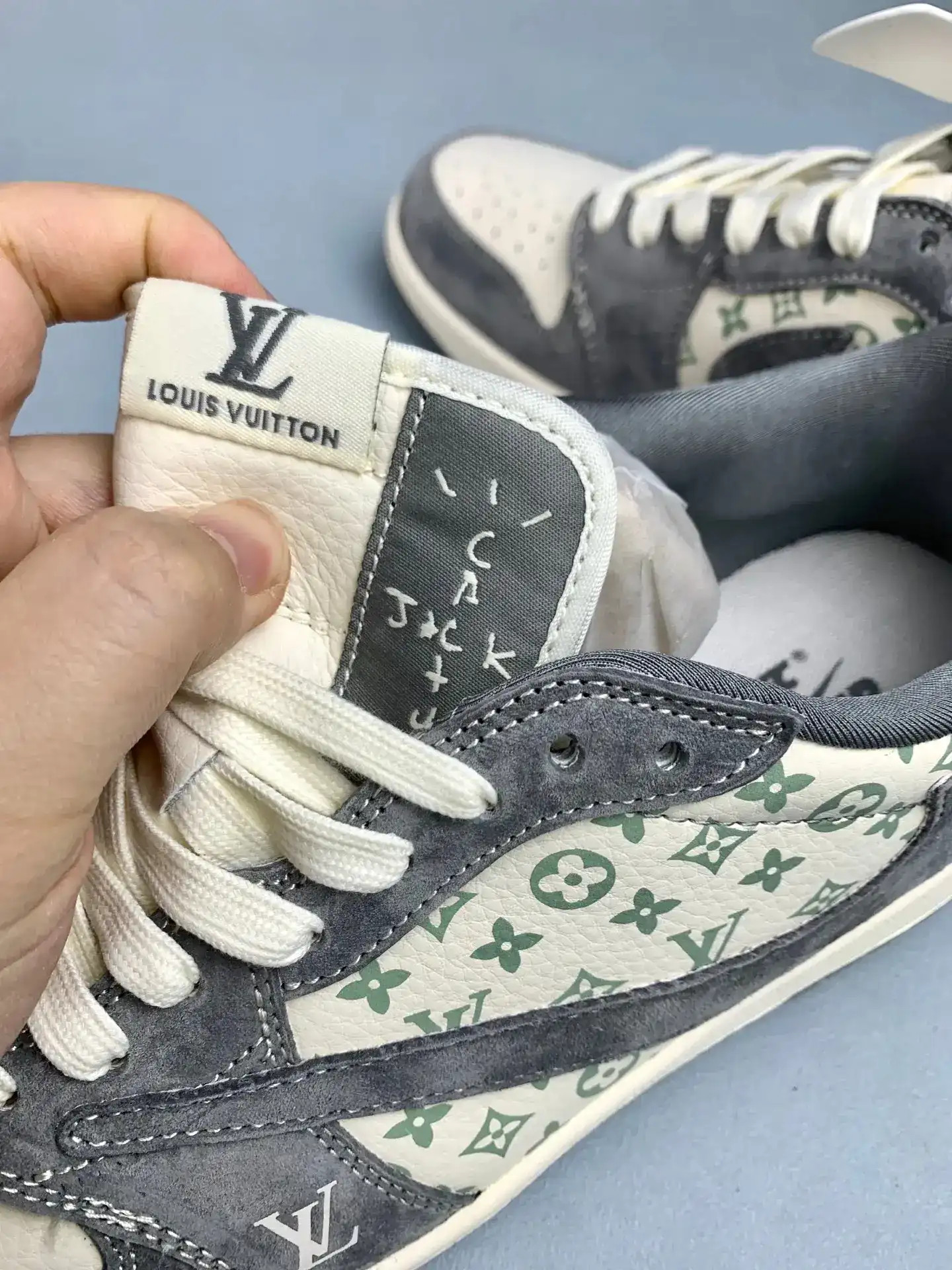 Louis Vuitton-Style Nike SB Dunk Low - White and Grey product photo from LabelPicks