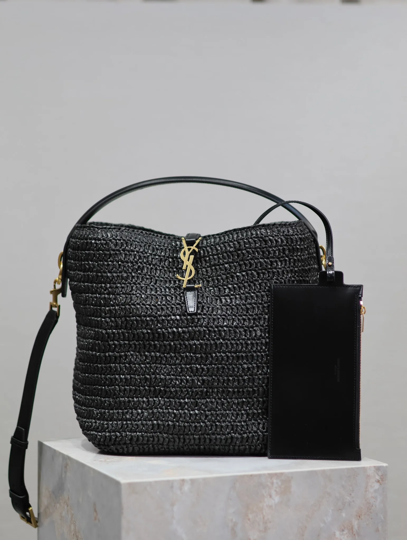 Saint Laurent Black Straw Woven Bucket Bag product photo from LabelPicks