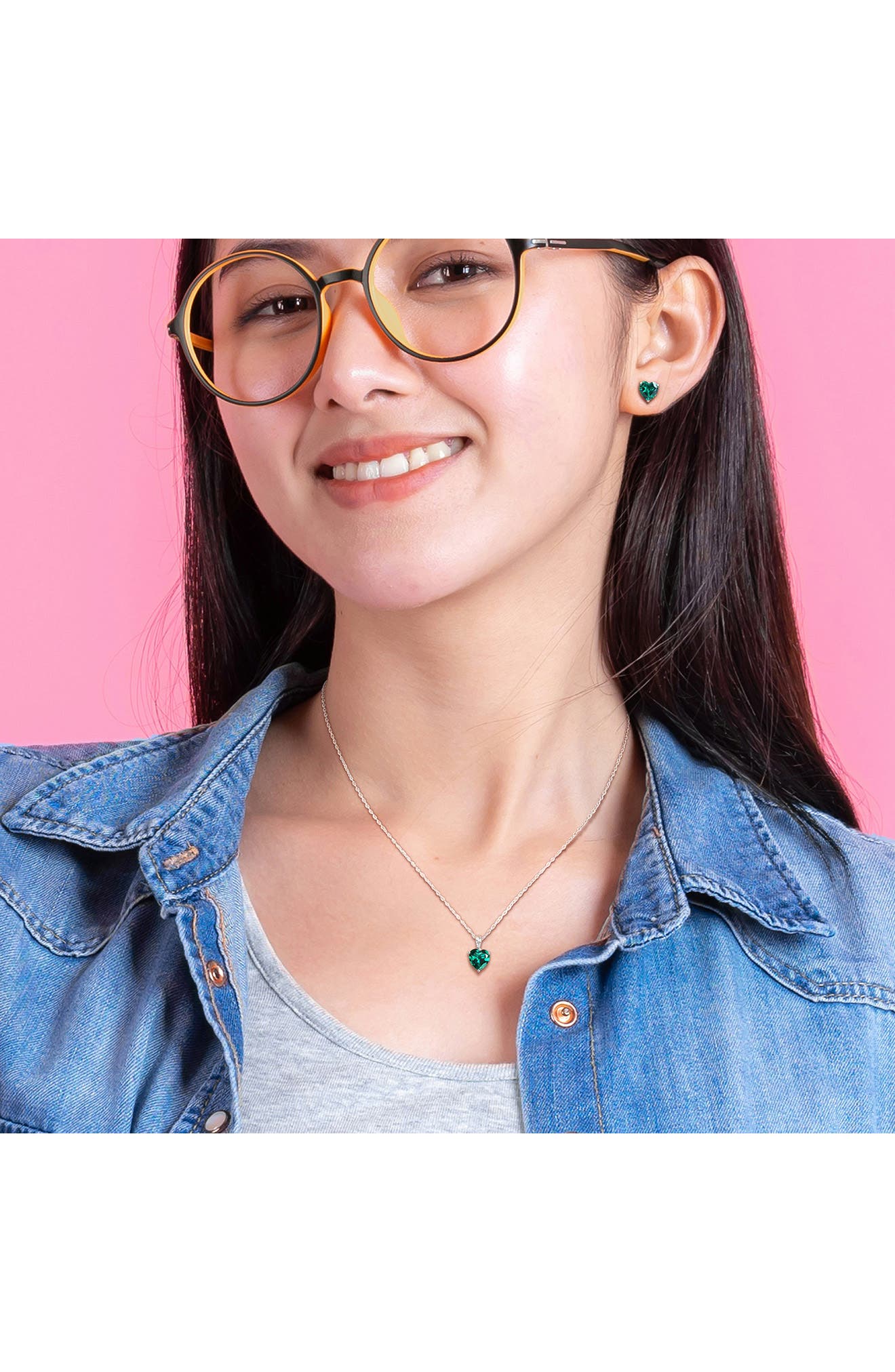 DELMAR Heart Cut Lab Created Emerald Solitaire Pendant Necklace & Stud Earrings Set