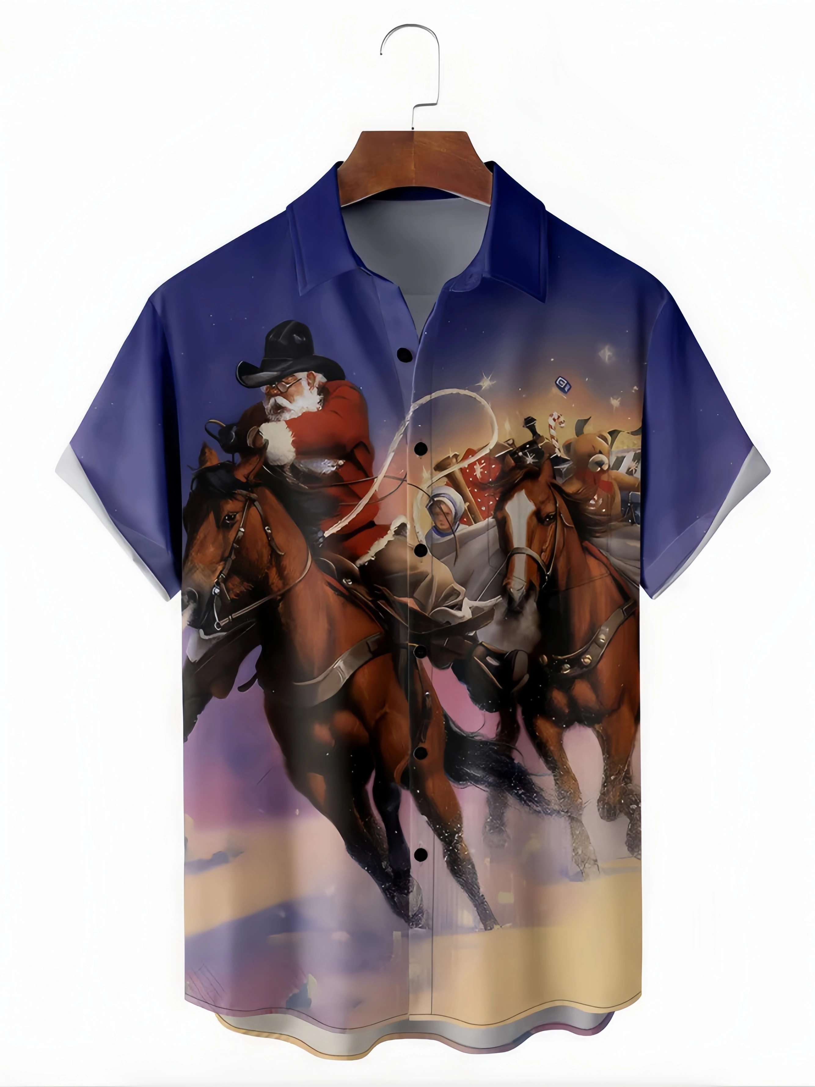 Christmas Santa Riding Chest Pocket Short Sleeve Hawaiian Shirt