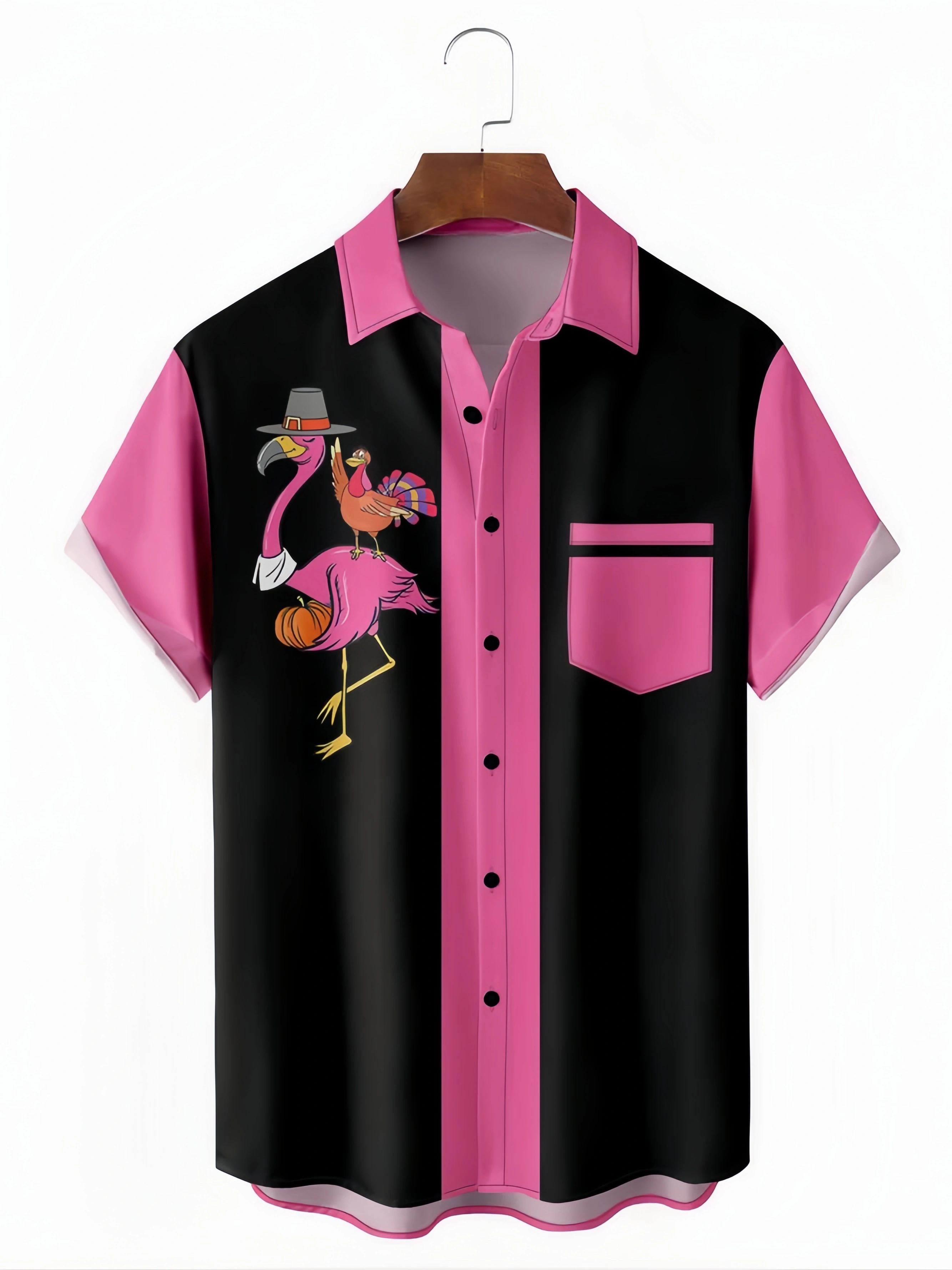 Halloween Flamingo Chest Pocket Short Sleeve Bowling Shirt